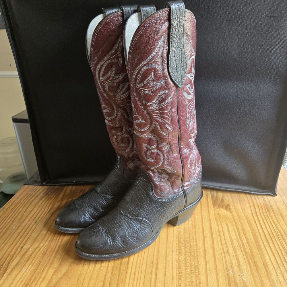 Olathe Boot Company Vintage Western Cowboy Boots Mens 10D Black Burgundy USA